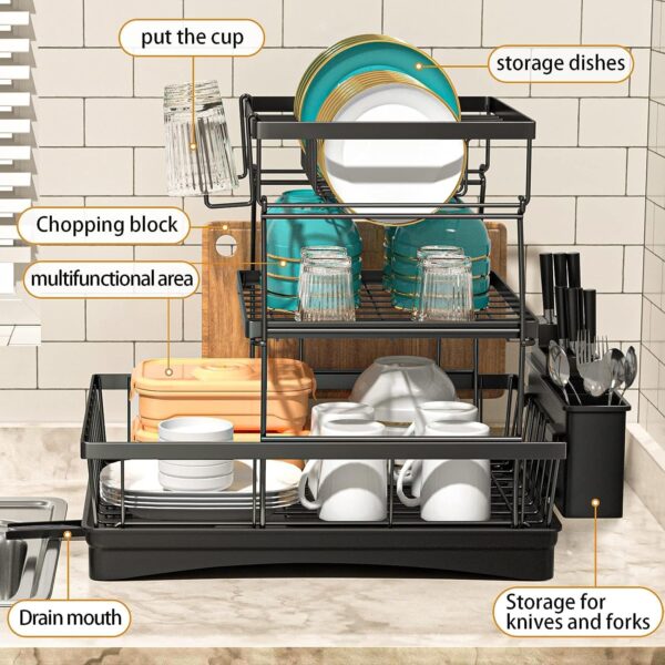 Dish Drying Rack,2 Tier Black Large Drying Rack for Kitchen Counter,Rust-Proof Wear-Resistant Automatic Draining Dish Rack with Utensil Holder,Cutting Board Holder (199 Rack)