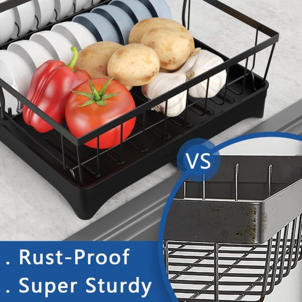 Dish Drying Rack,2 Tier Black Large Drying Rack for Kitchen Counter,Rust-Proof Wear-Resistant Automatic Draining Dish Rack with Utensil Holder,Cutting Board Holder (199 Rack)