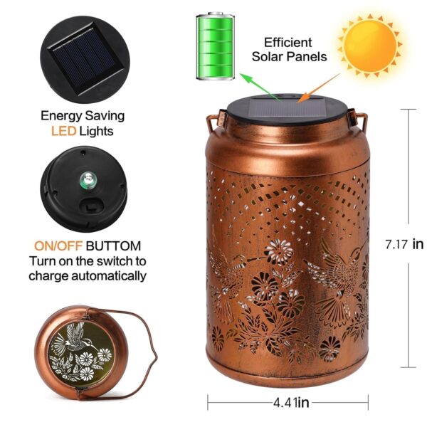 Solar Lantern Outdoor Hummingbird Decorative Solar Lights Waterproof Metal Hanging Lantern LED Solar Garden Light Vintage Solar Lamp Metal Lantern Hummingbird Design Solar Light - A8