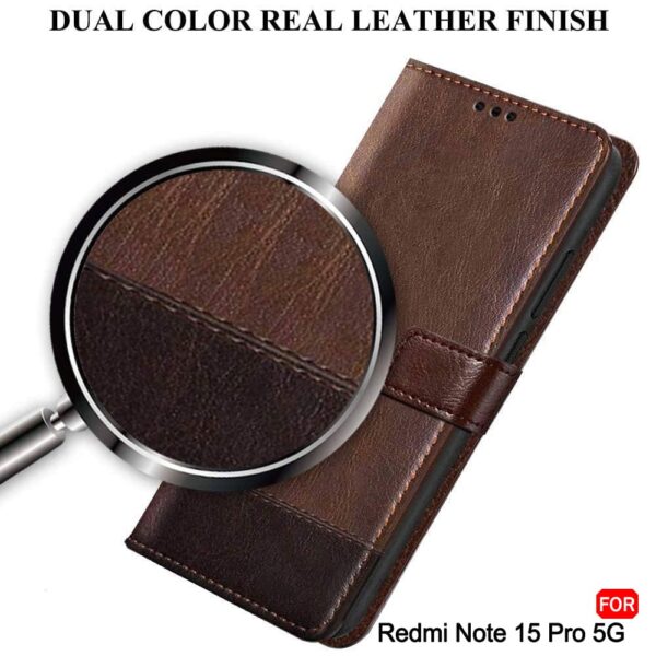 TheGiftKart Flip Back Cover Case for Mi Redmi Note 15 Pro 5G | Dual-Color Leather Finish | Inbuilt Stand & Pockets | Wallet Style Flip Back Case for Redmi Note 15 Pro 5G (Faux Leather, Brown & Coffee)