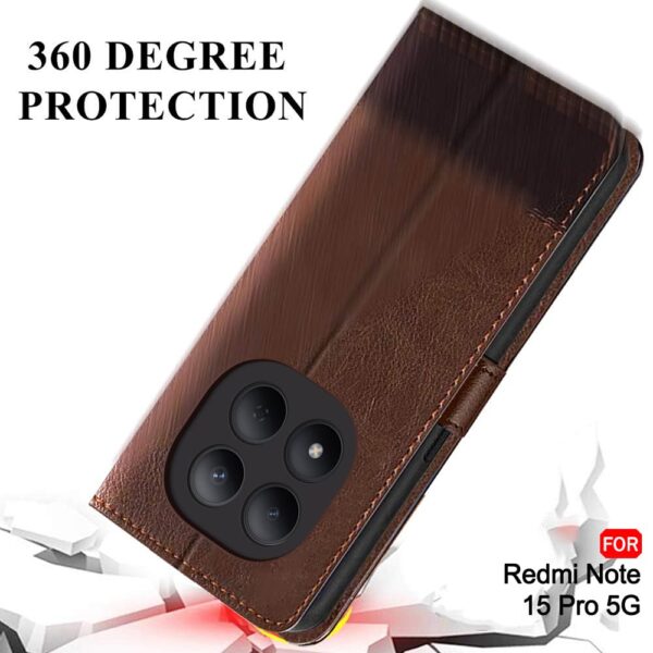 TheGiftKart Flip Back Cover Case for Mi Redmi Note 15 Pro 5G | Dual-Color Leather Finish | Inbuilt Stand & Pockets | Wallet Style Flip Back Case for Redmi Note 15 Pro 5G (Faux Leather, Brown & Coffee)