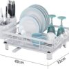 Dish Drying Rack, Stainless Steel Plate Rack with Drainboard, Removable Utensils and Cup Storage Holder, 360° Swivel Spout for Kitchen Counter (White)