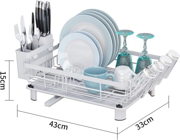 Dish Drying Rack, Stainless Steel Plate Rack with Drainboard, Removable Utensils and Cup Storage Holder, 360° Swivel Spout for Kitchen Counter (White)