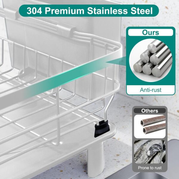 Dish Drying Rack, Stainless Steel Plate Rack with Drainboard, Removable Utensils and Cup Storage Holder, 360° Swivel Spout for Kitchen Counter (White)