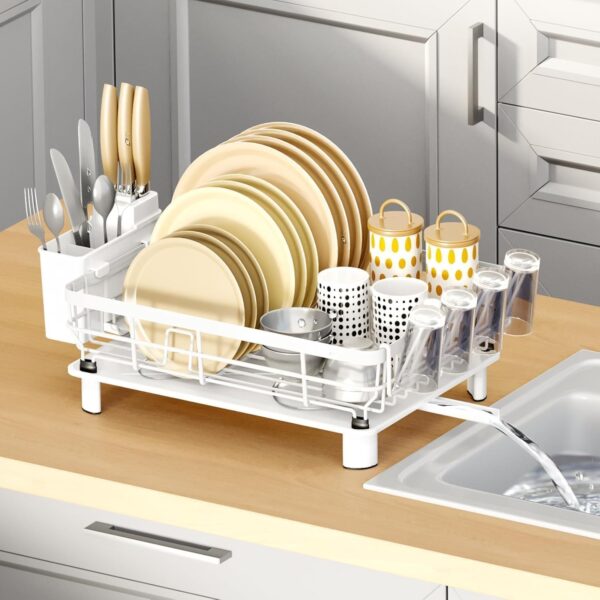 Dish Drying Rack, Stainless Steel Plate Rack with Drainboard, Removable Utensils and Cup Storage Holder, 360° Swivel Spout for Kitchen Counter (White)