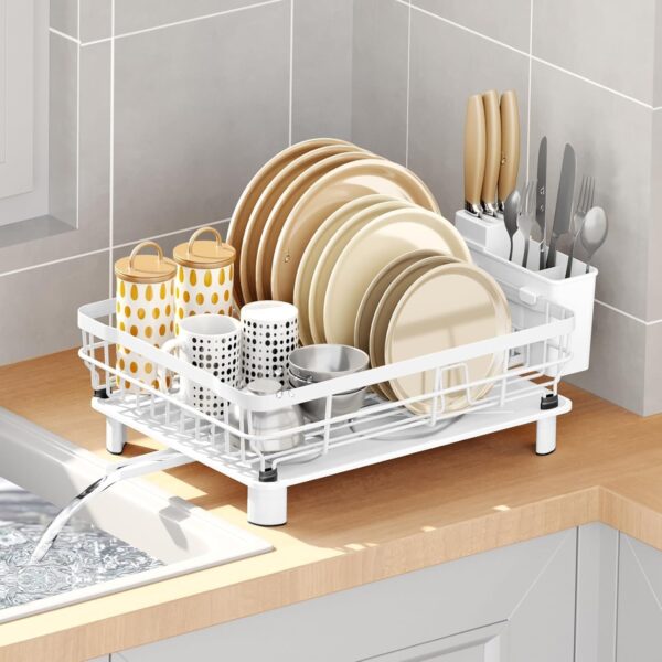 Dish Drying Rack, Stainless Steel Plate Rack with Drainboard, Removable Utensils and Cup Storage Holder, 360° Swivel Spout for Kitchen Counter (White)