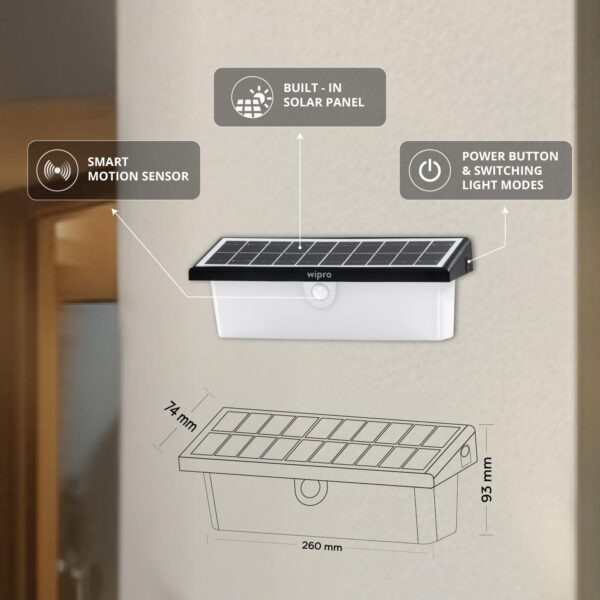 Wipro Garnet Motion Sensor Solar Wall Light SW01 | 6 in 1 modes | Color Changing(Warm & Cool White) | Auto ON (Night) & OFF (Day) | IP65 | Outdoor Light for Home, Balcony, Patio, Stairs, Garden | Pk 1