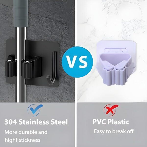 JIALTO 1 PCS Adhesive Broom Holder Wall Mounted – Stainless Steel Mop Holder for Bathroom & Kitchen, No Drill Wall Organizer for Broom Stick, Cleaning Tools Hanger