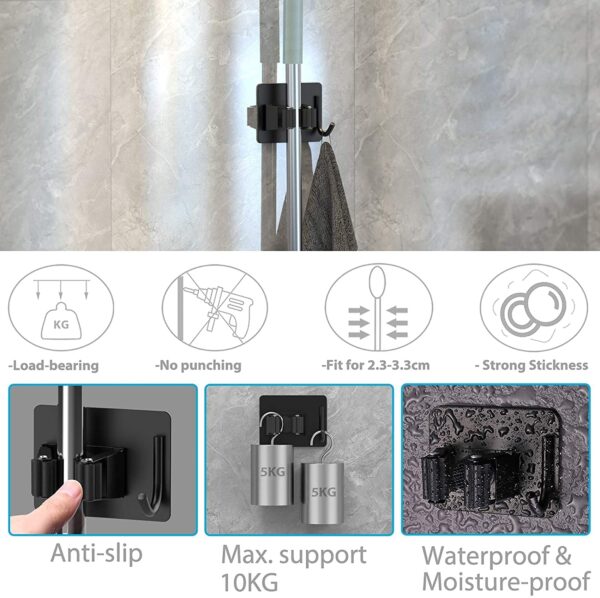 JIALTO 1 PCS Adhesive Broom Holder Wall Mounted – Stainless Steel Mop Holder for Bathroom & Kitchen, No Drill Wall Organizer for Broom Stick, Cleaning Tools Hanger