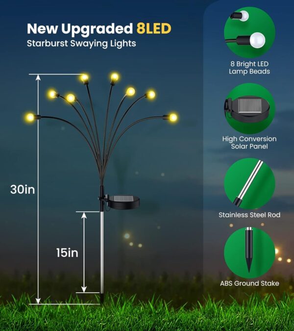 Solar Garden Lights, 8LED Solar Outdoor Lights, Firefly Lights for Patio Pathway Outdoor Decor, Big Bulb Base Solar Swaying Light path Led light-WARM YELLOW (5)