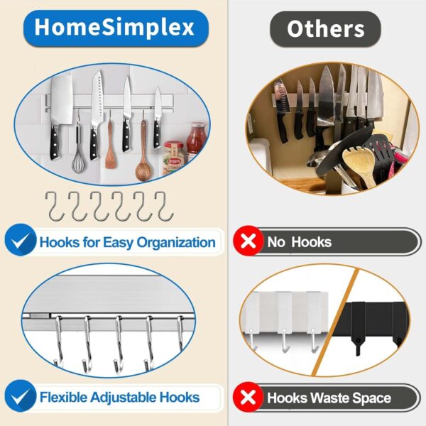 12 Inch Magnetic Knife Holder for Wall with Hooks (6pcs) -Knife Magnetic Strip -Kitchen Utensil Hanger -Magnetic Utensil Holder -Premium 304 Stainless Steel Kitchen Utensil Rack Wall Mount