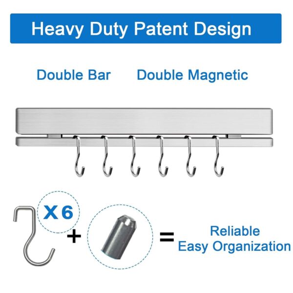12 Inch Magnetic Knife Holder for Wall with Hooks (6pcs) -Knife Magnetic Strip -Kitchen Utensil Hanger -Magnetic Utensil Holder -Premium 304 Stainless Steel Kitchen Utensil Rack Wall Mount