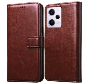 Amazon Brand - Solimo Flip Leather Mobile Cover (Soft, Flexible & Kickstand Back case) Compatible for Mi Redmi Note 12 5G / Poco X5 5G (Brown)
