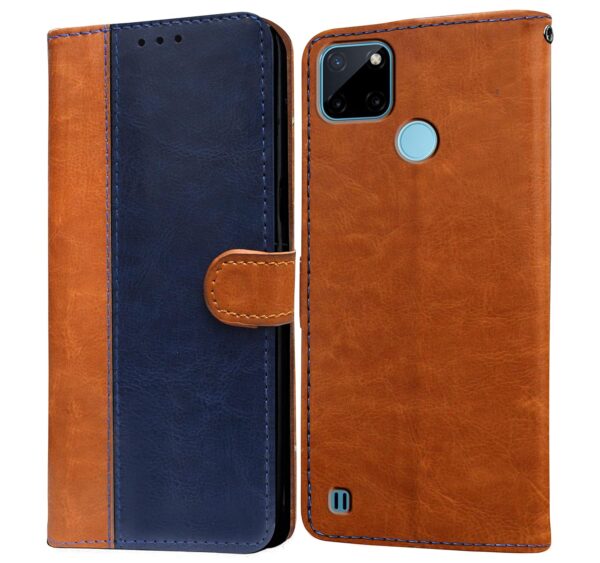 Amazon Brand - Solimo Flip Leather Mobile Cover (Soft, Flexible Amazon Brand - Solimo Flip Leather Mobile Cover (Soft, Flexible & Kickstand Back case) Compatible for Realme C21Y / C25Y (CamelBlue)