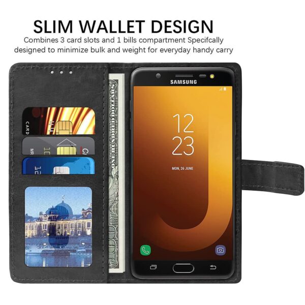 Amazon Brand-Solimo Flip Leather Mobile Cover (Soft, Flexible & Kickstand Back case) Compatible for Samsung Galaxy J7 Max (Black)