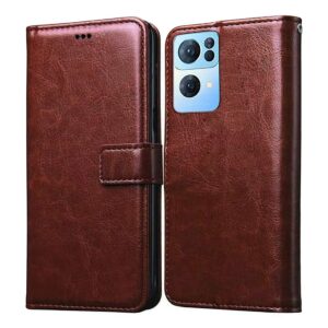 Amazon Brand- Solimo Flip Leather Mobile Cover (Soft, Flexible & Amazon Brand- Solimo Flip Leather Mobile Cover (Soft, Flexible & Kickstand Back case) Compatible for Oppo Reno7 Pro 5G (Brown)