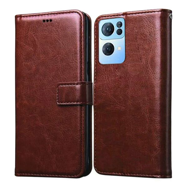 Amazon Brand- Solimo Flip Leather Mobile Cover (Soft, Flexible & Amazon Brand- Solimo Flip Leather Mobile Cover (Soft, Flexible & Kickstand Back case) Compatible for Oppo Reno7 Pro 5G (Brown)