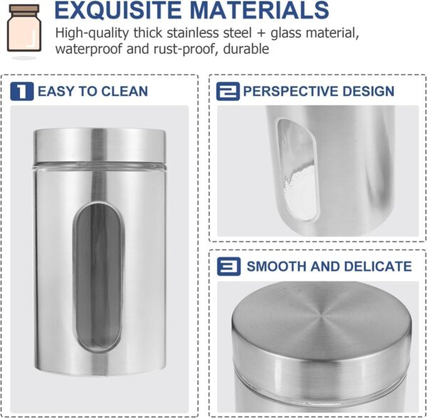 Stainless Steel Plated Glass Kitchen Canister, Airtight Food Storage, Visible Window, Tea Coffee & Sugar Container - Silver Window Canister (Pack of 3)