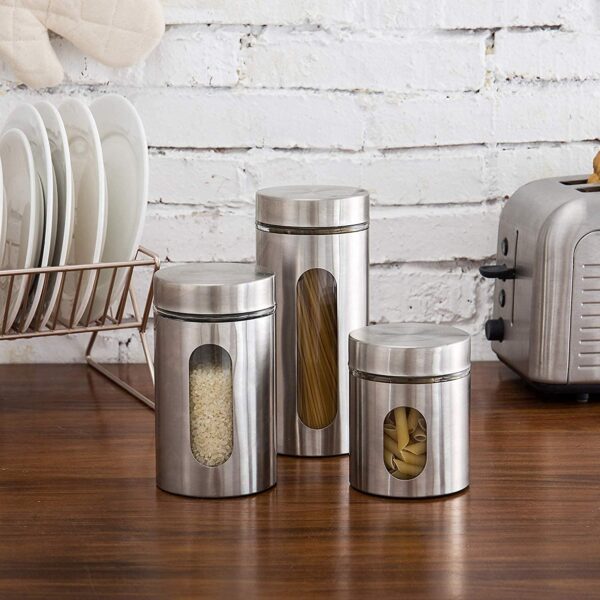 Stainless Steel Plated Glass Kitchen Canister, Airtight Food Storage, Visible Window, Tea Coffee & Sugar Container - Silver Window Canister (Pack of 3)