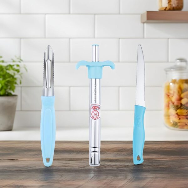Anjali 3-Piece Kitchen Tool Set – 1 Knife, 1 Peeler, 1 Lighter – Ideal for Cooking, Food Prep, and Daily Uses in Home and Kitchen- Blue