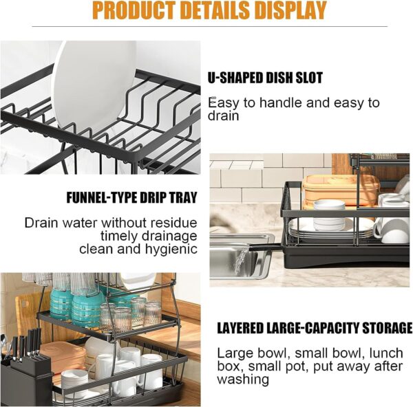 Plastic Dish Drainer, Dish Rack With Draining Board Set For Crockery Sets & Dish Rack For Counter, Tray, Drink Holder & Cutlery Traydish Glas (3 Layer), 32X8X8 Cm,Black