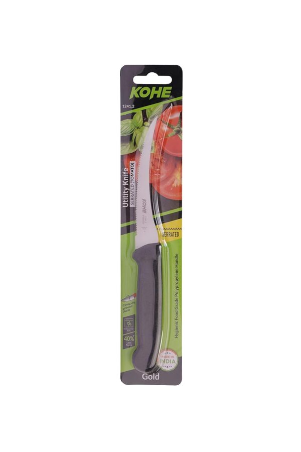 KOHE Utility Kitchen Stainless Steel Knife (Serrated, Green Color, Pack of 2) for Fruits & Vegetables (Tomato Knife Serrated 1241.2 Black)