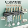 Kitchen Shelf Wall Mount Knife Holder, Towel Hanger, Spatula Ladle Hanging Hooks, Cutlery Storage Rack - Advanced Non-Rust Stainless Steel Alloy, Multi-Purpose (44x4.5x8cm)