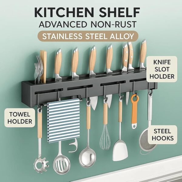 Kitchen Shelf Wall Mount Knife Holder, Towel Hanger, Spatula Ladle Hanging Hooks, Cutlery Storage Rack - Advanced Non-Rust Stainless Steel Alloy, Multi-Purpose (44x4.5x8cm)