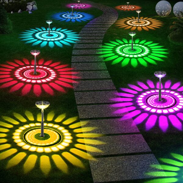 Solar Garden Lights 2-Pack LED Light Outdoor 2-Mode Warm RGB Color Changing Solar Pathway Lawn Bright Lamp for Garden Decor Landscape Lighting (Warm+RGB)