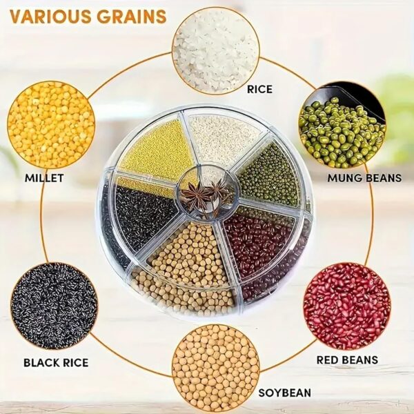 Plastic 6-Grid Round Food Dispenser | 360° Rotating Food Bucket Transparent Rice Storage Container | Rotatable Dry Food Fruit Cereal Storage Box Container with Lid for Home and Kitchen
