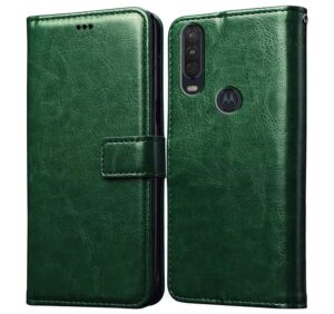Amazon Brand - Solimo Flip Leather Mobile Cover (Soft, Flexible & Kickstand Back case) Compatible for Motorola One Action (Green)