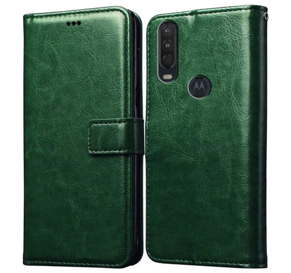 Amazon Brand - Solimo Flip Leather Mobile Cover (Soft, Flexible Amazon Brand - Solimo Flip Leather Mobile Cover (Soft, Flexible & Kickstand Back case) Compatible for Motorola One Action (Green)