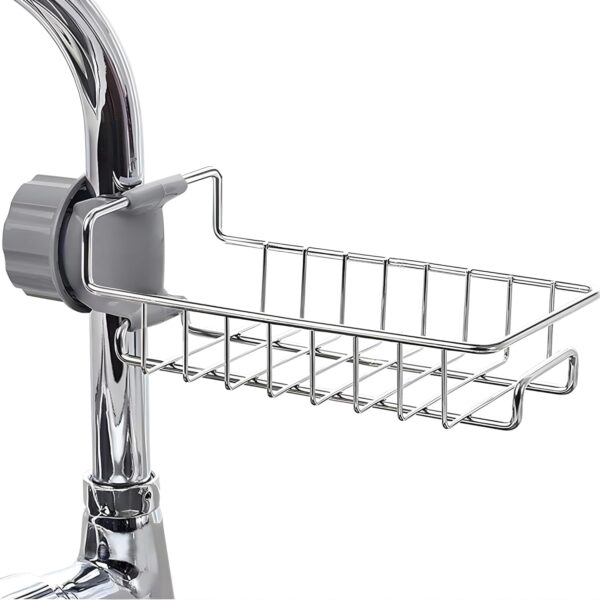 Stainless Steel Adjusting Multifunctional Over Kitchen Sink Caddy Clamp Faucet Sponge Scrubber Holder Storage Hanging Shelf Draining Bathroom Tap Shampoo Soap Organizer Rack (Pack 1)