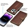 PULOKA - 2 in 1 Flip Cover for iPhone 14 Pro Max - Protective Case with Card & Cash Pockets - Detachable Flip Case, Kickstand & Magnetic Closure - Profesional & Premium Leather Finish Look -Brown
