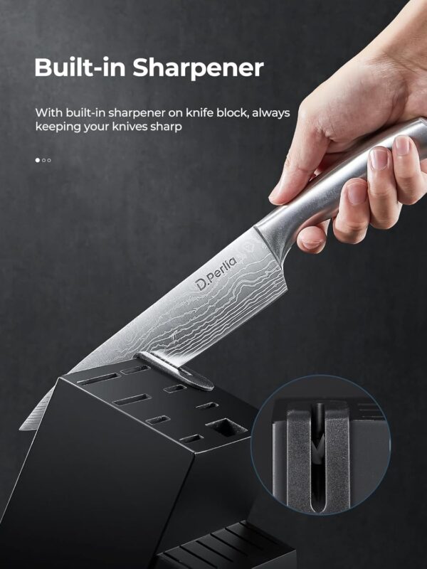 D. Perla Knife Block Set, 15 Piece Kitchen Knife Block Set, Super Sharp Stainless Steel Kitchen Knife Set with Wooden Block and Laser Damascus Blades