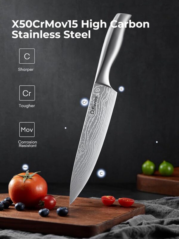 D. Perla Knife Block Set, 15 Piece Kitchen Knife Block Set, Super Sharp Stainless Steel Kitchen Knife Set with Wooden Block and Laser Damascus Blades