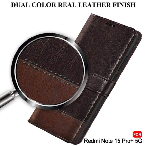 TheGiftKart Flip Back Cover Case for Mi Redmi Note 15 Pro Plus 5G | Dual-Color Leather Finish | Inbuilt Stand & Pockets | Flip Back Case Cover for Redmi Note 15 Pro+ 5G (Faux Leather, Coffee & Brown)