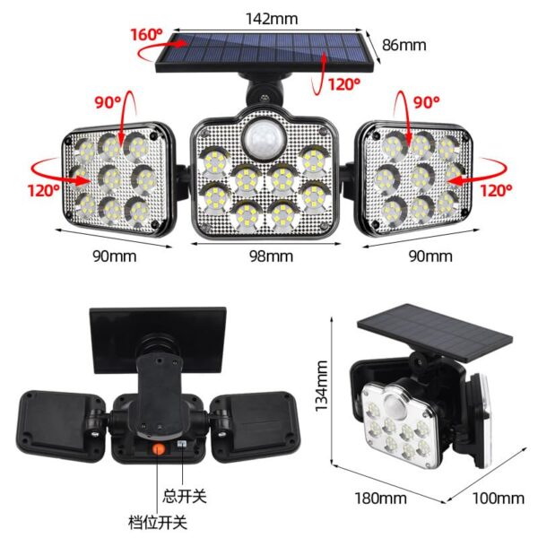 Aluminium Outdoor Solar Light, Floodlight 3 Heads For Garden, Solar Light With Motion Sensor, Waterproof Led Outdoor Solar Light, Remote Control
