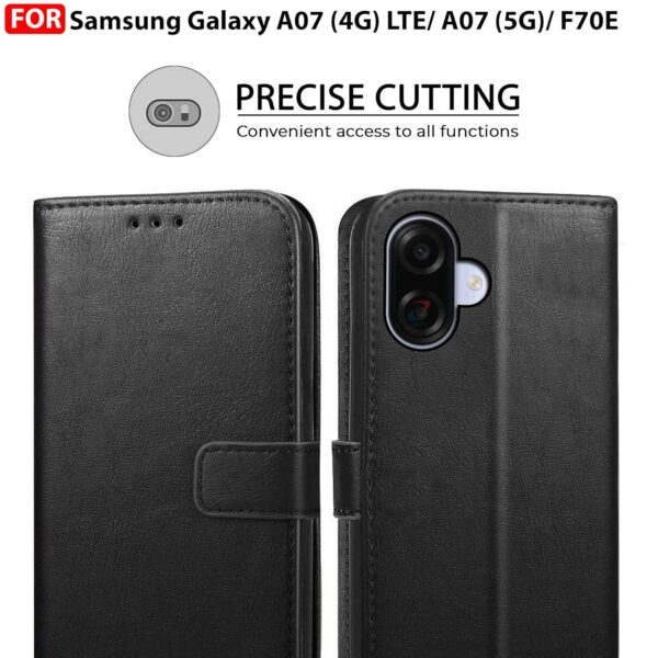 CEDO Flip Cover for Samsung Galaxy A07 (4G) LTE / A07 (5G)/ F70E | Leather Finish | Inside Pockets & Inbuilt Stand | Shockproof Wallet Style Magnetic Closure Back Case Flipcover (Black)