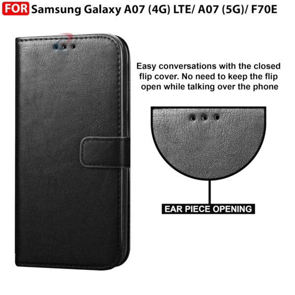CEDO Flip Cover for Samsung Galaxy A07 (4G) LTE / A07 (5G)/ F70E | Leather Finish | Inside Pockets & Inbuilt Stand | Shockproof Wallet Style Magnetic Closure Back Case Flipcover (Black)