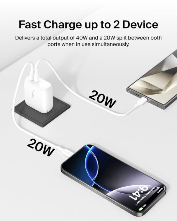 1777373095_Belkin-40W-20W-20W-Two-Ports-USB-C-PD-Wall-Charger-Fast-Charging-for-iPhone-17-Air-Pro-Pro-Max-Samsung-Galaxy-S25-Google-Pixel-10-iPad-AirPods-More-2-Years-Warranty-White.jpg Belkin 40W (20W + 20W) Two Ports USB -C PD Wall Charger | Fast Charging for iPhone 17, Air, Pro, Pro Max, Samsung Galaxy S25, Google Pixel 10, iPad, AirPods, & More | 2 Years Warranty, White