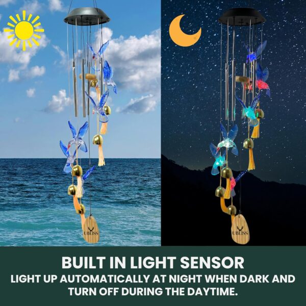 UBliss Blue Hummingbird Solar Wind Chime with Color-Changing LED – 6 Bells & 4 Metal Rods – Waterproof Outdoor Hanging Light for Garden, Balcony, Patio & Yard – Gift for Home Decor
