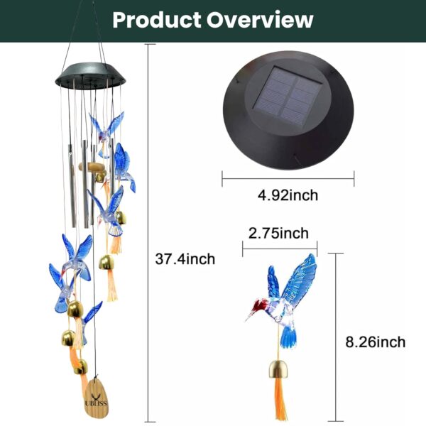 UBliss Blue Hummingbird Solar Wind Chime with Color-Changing LED – 6 Bells & 4 Metal Rods – Waterproof Outdoor Hanging Light for Garden, Balcony, Patio & Yard – Gift for Home Decor