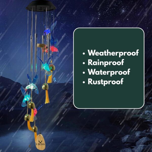UBliss Blue Hummingbird Solar Wind Chime with Color-Changing LED – 6 Bells & 4 Metal Rods – Waterproof Outdoor Hanging Light for Garden, Balcony, Patio & Yard – Gift for Home Decor