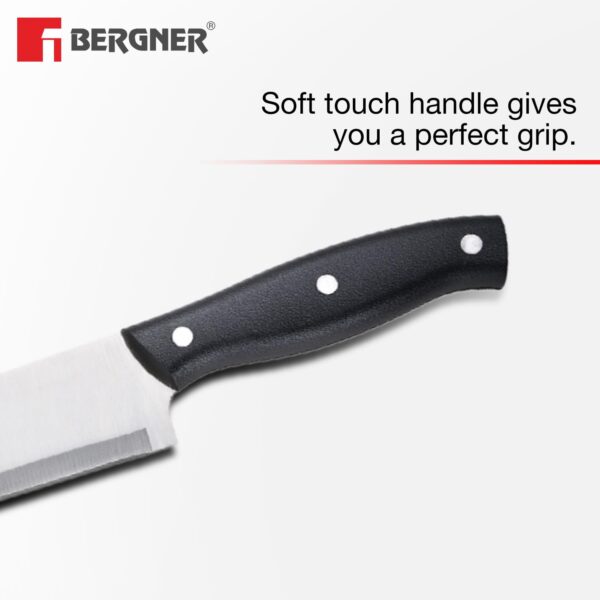 Bergner Dusseldorf 7 Pcs Stainless Steel Knife Set - Chef Knife, Slicing Knife, Tomato Knife, Utility Knife, Paring Knife, Scissors and Wooden Block, Durable, for Kitchen and Restaurants - Black
