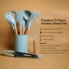 12 Pcs Silicone Cooking Utensils Set with Holder - Heat Resistant Spatula Turner Set, Wooden Spoons, Kitchen Gadgets Tools for Nonstick Cookware (12, Green)