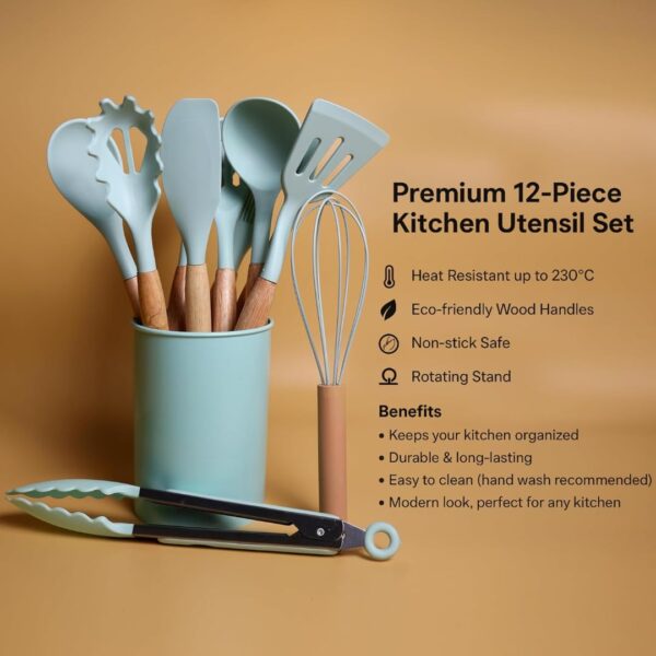 1777497939_12-Pcs-Silicone-Cooking-Utensils-Set-with-Holder-Heat-Resistant-Spatula-Turner-Set-Wooden-Spoons-Kitchen-Gadgets-Tools-for-Nonstick-Cookware-12-Green.jpg 12 Pcs Silicone Cooking Utensils Set with Holder - Heat Resistant Spatula Turner Set, Wooden Spoons, Kitchen Gadgets Tools for Nonstick Cookware (12, Green)