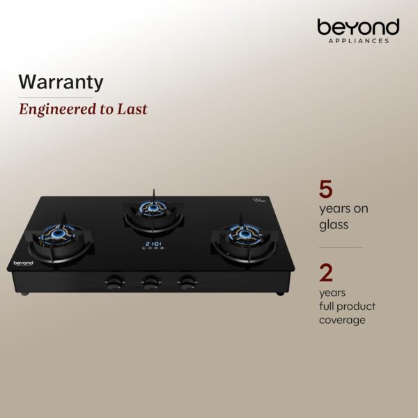 Beyond Appliances Auriga Pro 3 Full Brass Burner Smart Gas Stove I Auto Ignition I Digital Timer I Flame Failure Device I Toughened Glass I ISI Certified, LPG & PNG Compatible, PAN India Service