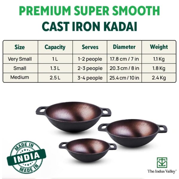 The Indus Valley Super Smooth Cast Iron Kadai | Medium, 25.4cm/10 inch, 2.5Ltr, 2.4kg | Nonstick, Pre-Seasoned Kadhai, 100% Pure & Toxin-Free, No Chemical Coating