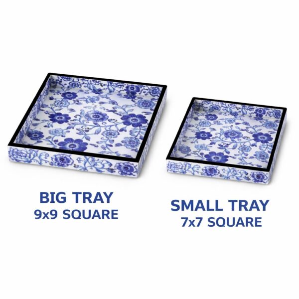 Handcrafted Blue Floral Wooden Serving Trays Set of 2 (9x9 & 7x7 Inch) | Decorative Coffee & Snack Trays for Home, Living Room & Gifting